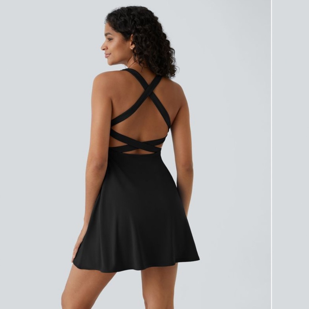 Halara NWOT Crisscross Backless Flare Dress w shorts pockets XL Black